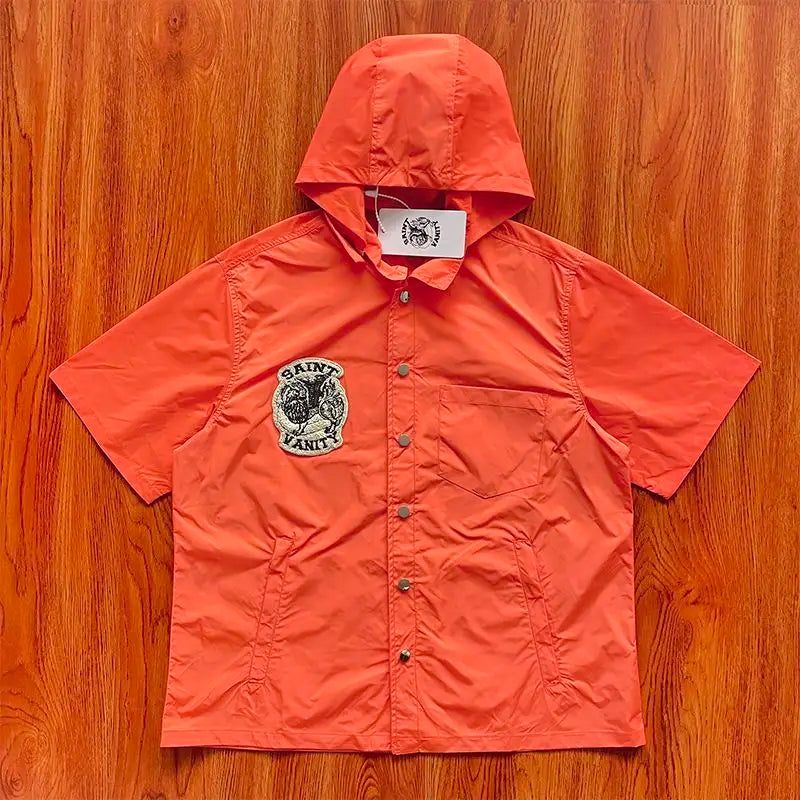 ST VANITY Embroidered Casual Sports Trench Coat with Hooded Short Sleeves