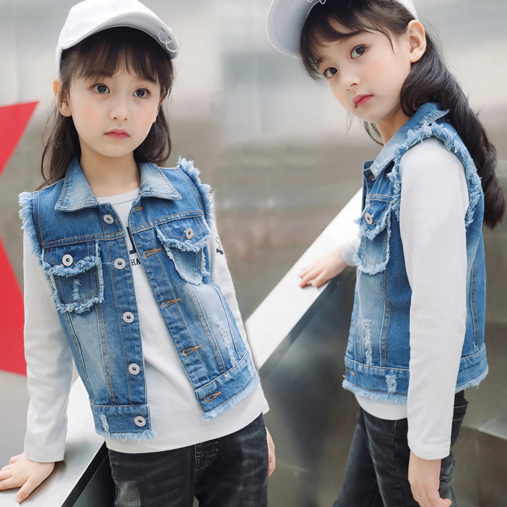 Girls Denim Vest,Kids Denim Jacket,Boys Vest Coat,Sleeveless Tassels Lapel Outerwear,Casual Button Children's Cowboy Waistcoat