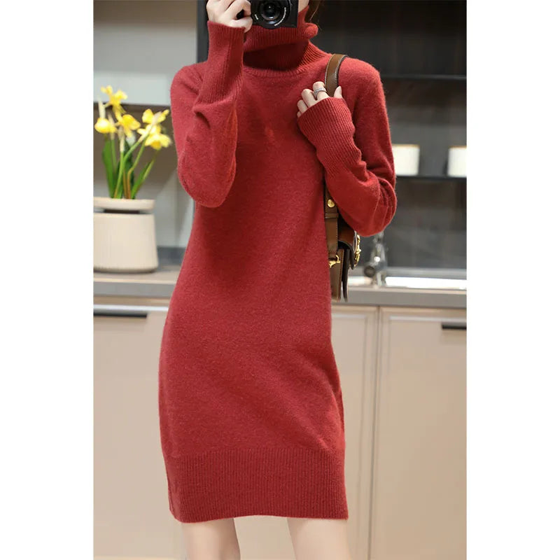 Elegant Cashmere Sweater Womens Dresses 100% Merino Wool Autumn Winter Turtleneck Knitted Dress Female Casual Long-Sleeve Skirts
