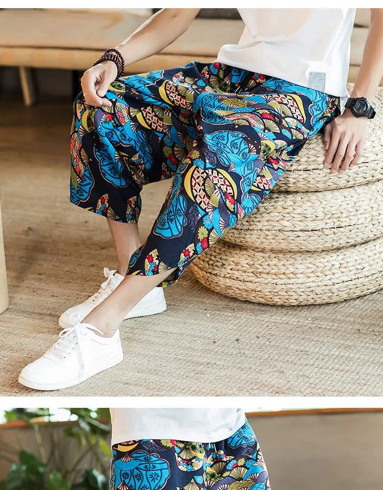 Men's Casual Cotton Linen Seven-Foot Pants Summer plus Size Lantern Loose Fit Shorts Harlan Style Comfortable Breathable Leis...