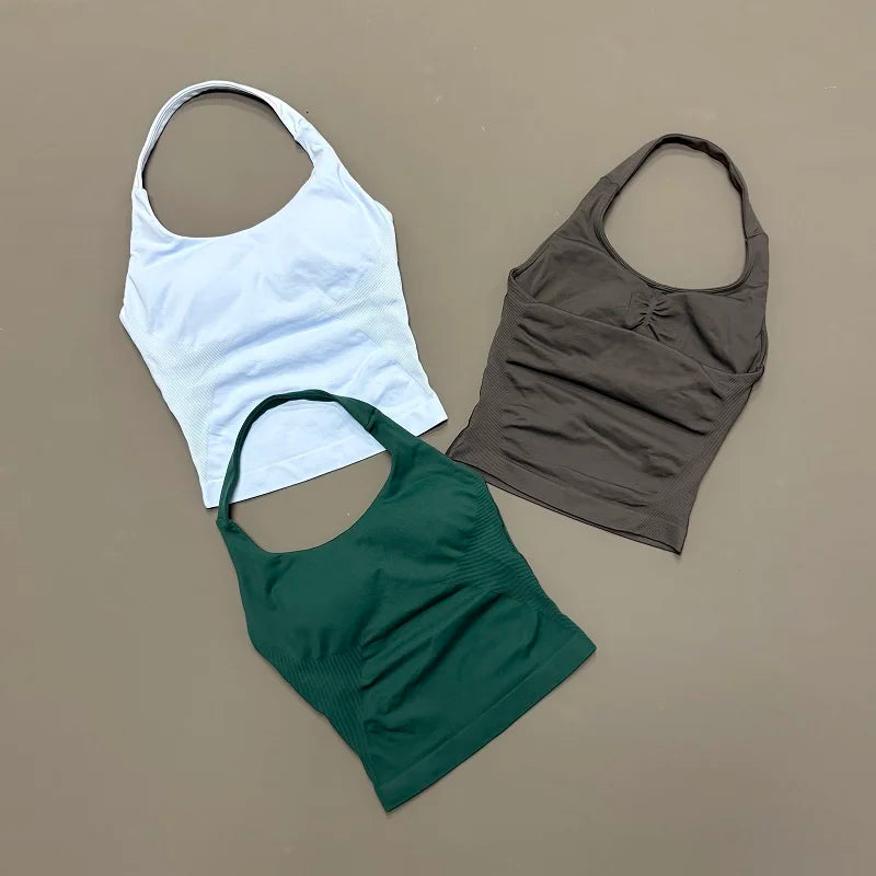 Halter Yoga Tank Top Women Sexy Seamless Strappy Backless Slim Fit Padded Breathable Gym Fitness Running Workout Sports Tops