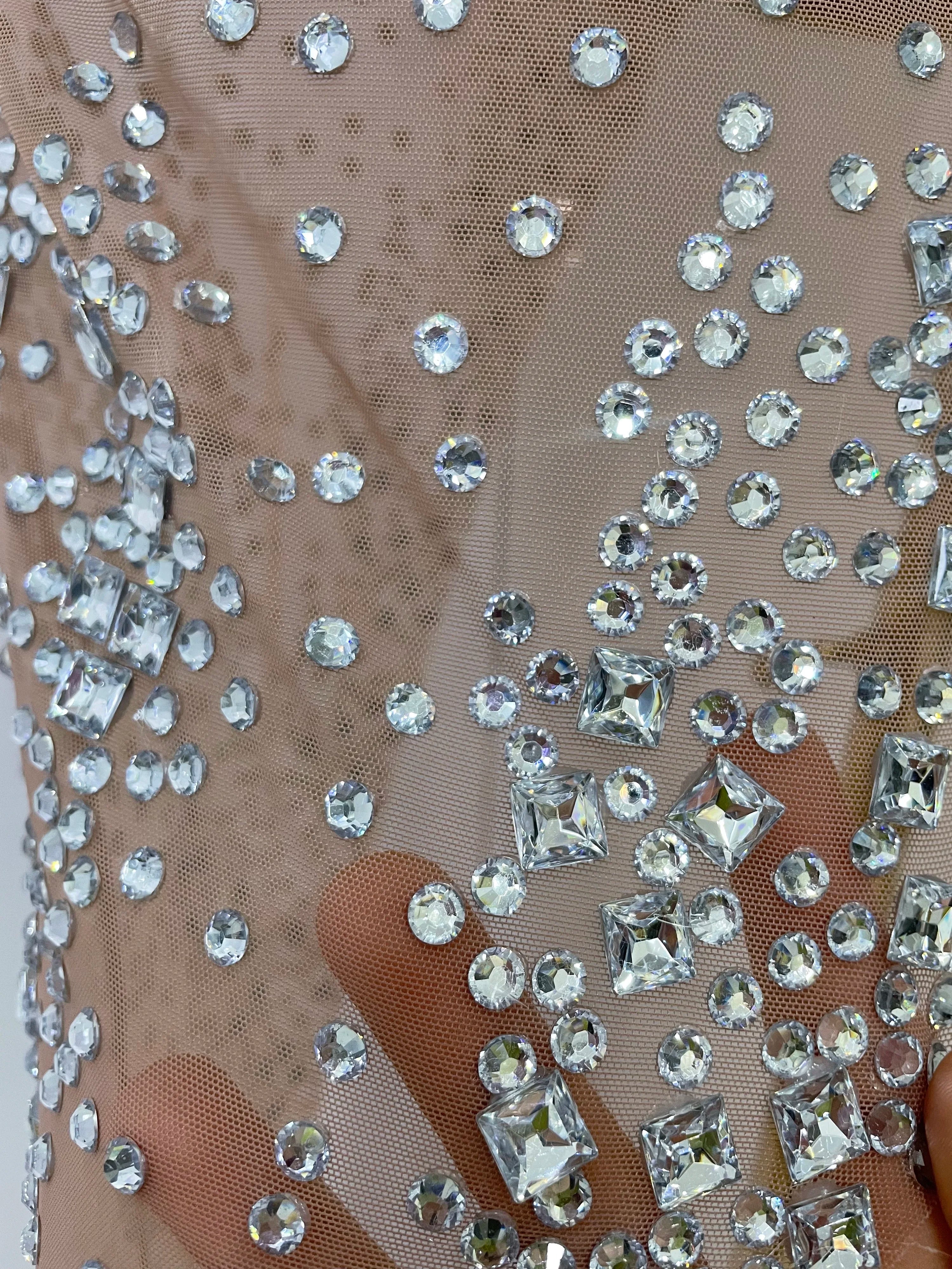 2025 New Sparkly Rhinestone V Neck Stretch Mesh Sexy See Through Dress Women Elegant Party Celebrate Perform Costume Stage Outfi