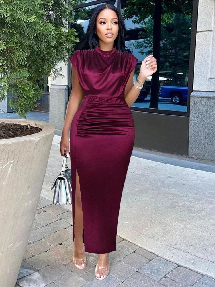 Customized Customized European and American Women's New Colored Satin Zipper Split High Grade Dress Long Floor Length Dress