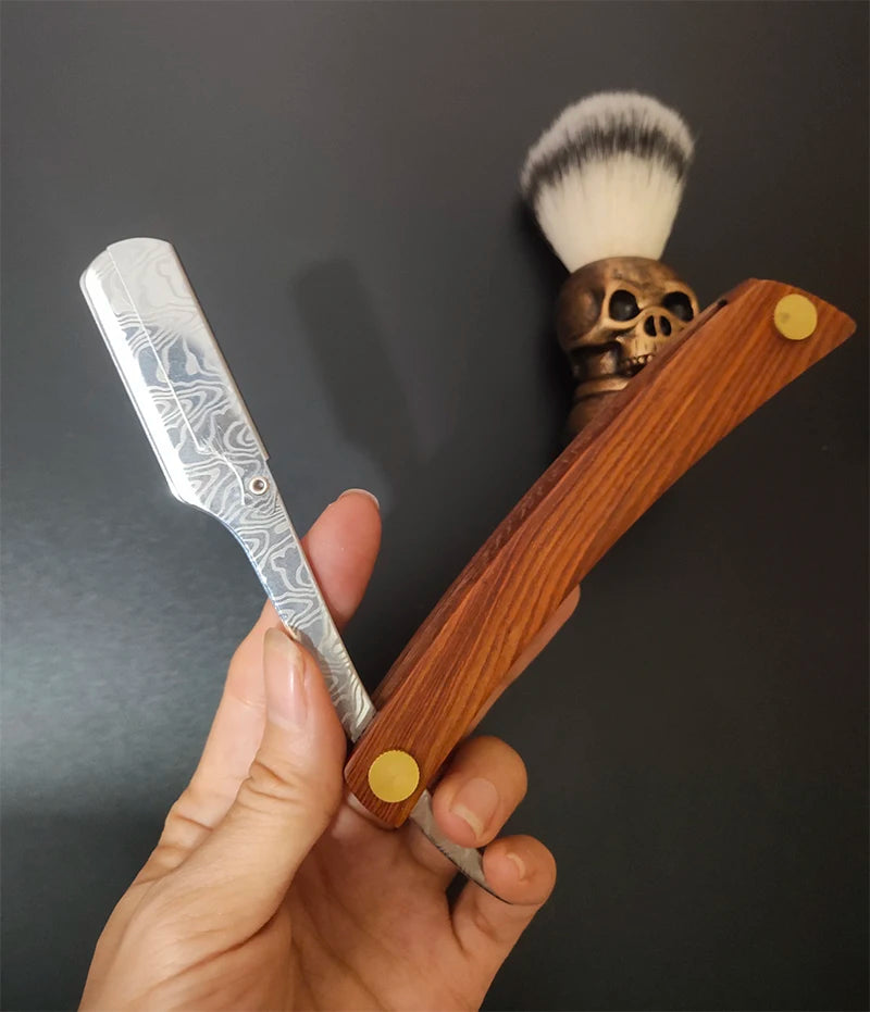 wooden trimmer manual shaver professional straight edge stainless steel sharp barber razor folding shaving blade shave beard cut