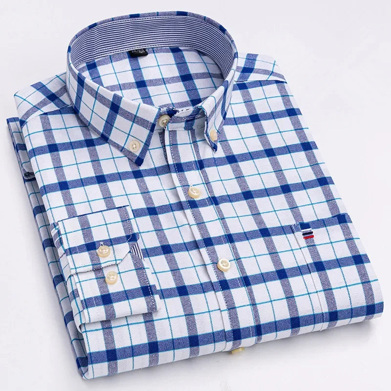 Men's 100% Cotton Smart Casual Shirt Long Sleeve Plaid Oxford Casual Solid Color Print Regular Fit Dress Shirt Oversized  6XL