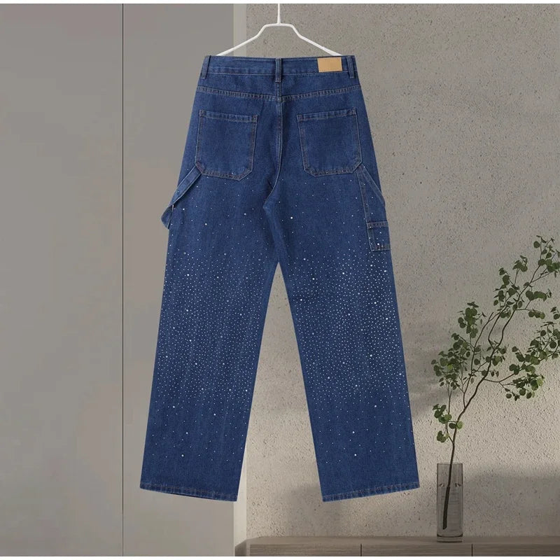 Shiny Rhinestone Baggy Women's Wide Leg Jeans Full Diamond Wide Leg Dragging Denim Pants Vintage Washed Pants Casual Trousers
