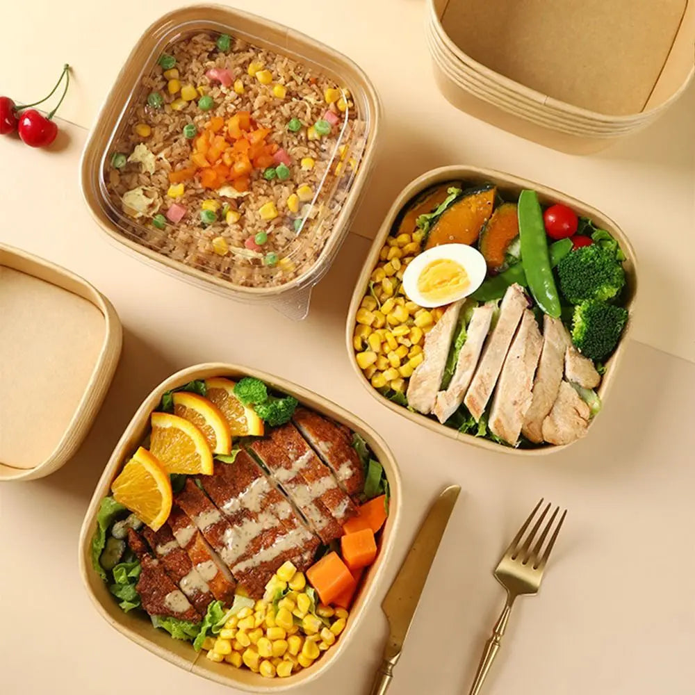 10pcs/set Disposable Lunch Box Kraft Paper Square Lunch Box Fast Food Packing Boxes Paper Bowls With Lid Household Bento Boxes