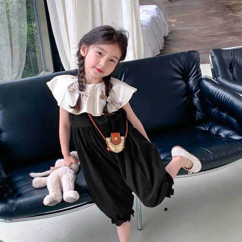 Girls' Jumpsuit with Ruffle Collar and Loose Leg Detachable Rompers Summer Outfits New Fashionable Casual Children's Clothing