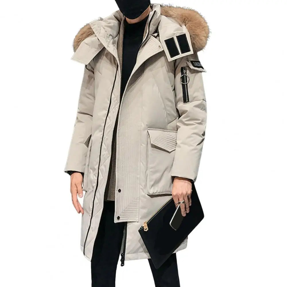Men Down Jacket Fur Collar Hooded Long Sleeve Solid Color Winter Coat Zipper Placket Pockets Thickened Puffer Outwear