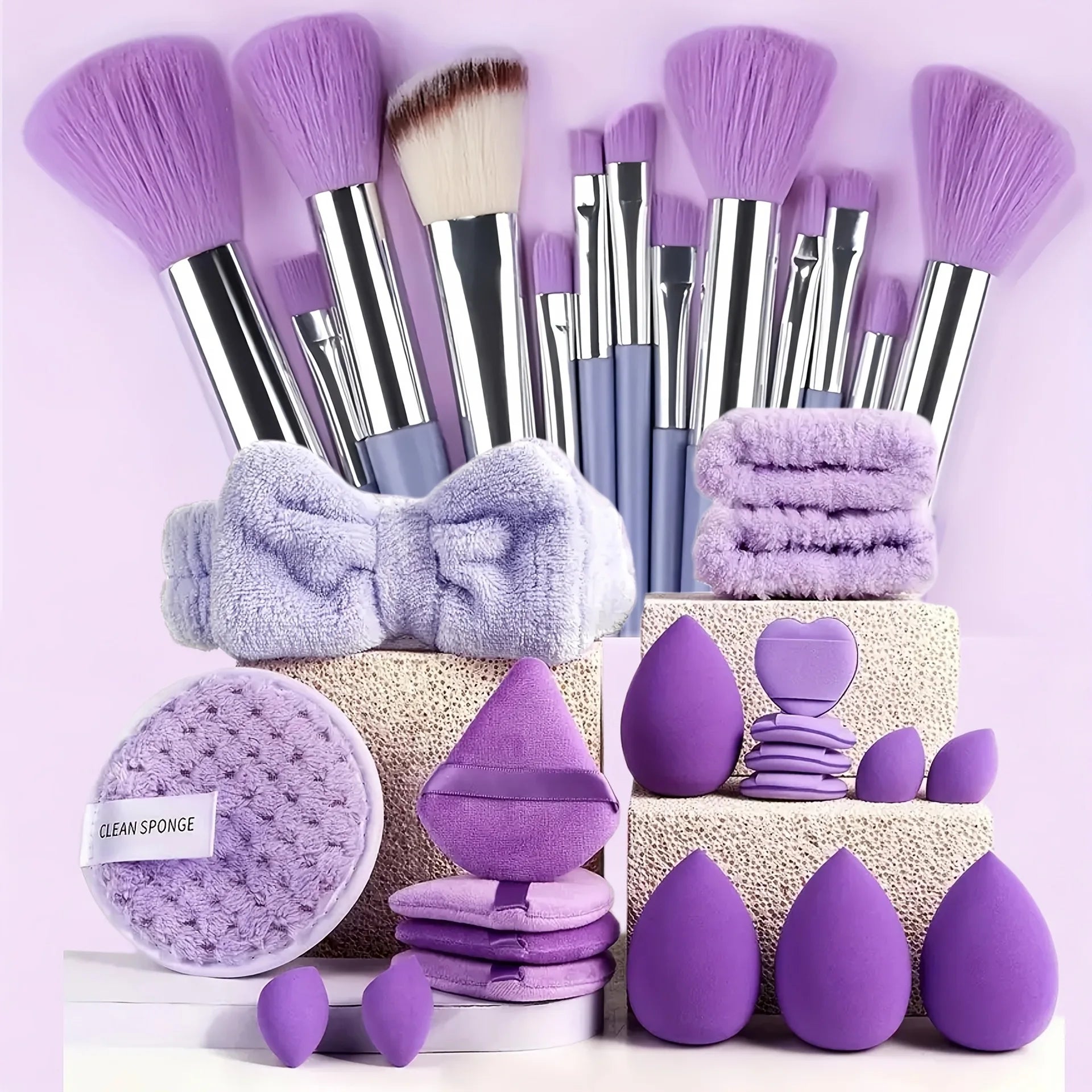 33Pcs Full Makeup Tool Kit, 13 Brushes + Sponges + Finger Puffs + Headband for Face Eye Makeup Daily Touch Ups Travel Kit