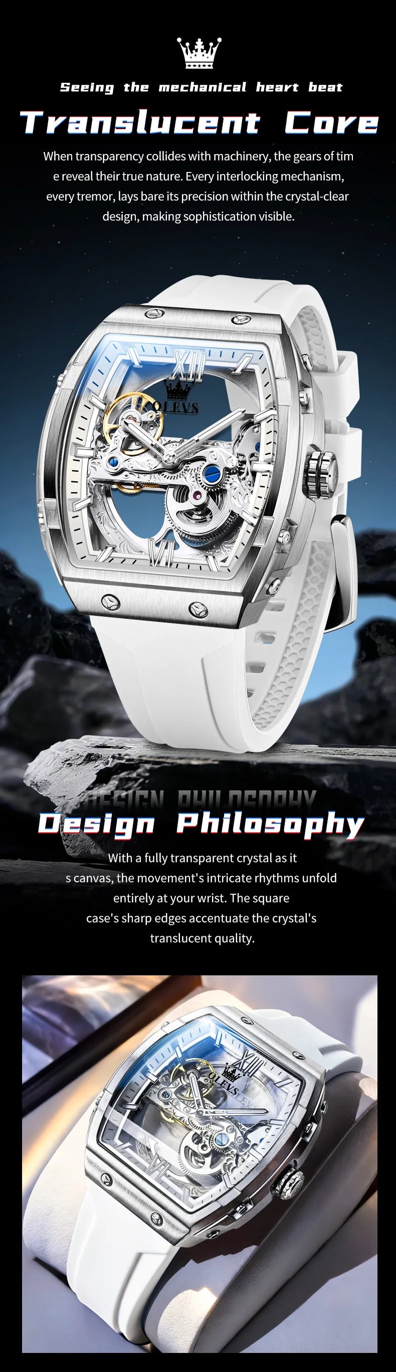 OLEVS 6779 Transparent Hollow Mechanical Men's Watches Fashion Luxury Silicone Strap Waterproof Skeleton Automatic Watch For Man