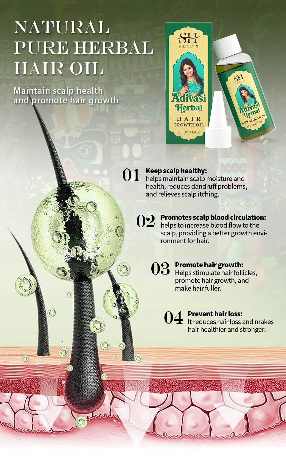 SEVICH Herbal Hair Growth Oil Set Ayurvedic Fast Hair Regrowth Thicken Serum India Adivasi Anti Hair Loss Hair Care Shampoo