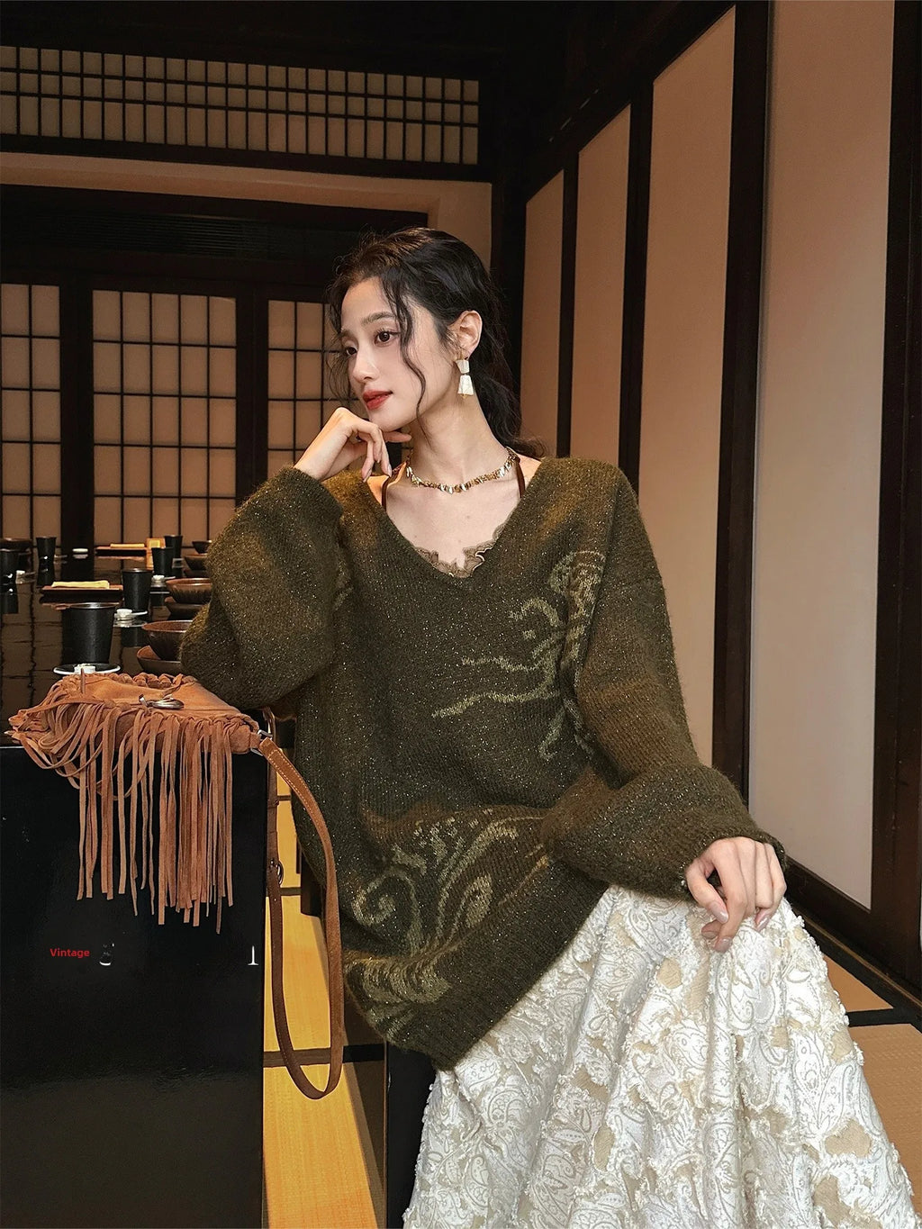 Sanji Bla Flower New Chinese Sle Gold Tead Alpaca Yarn V-ne Sweater Women's Winter Top Warmth Feat Long Sve Crew Ne