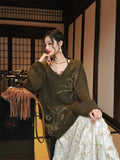 Sanji Bla Flower New Chinese Sle Gold Tead Alpaca Yarn V-ne Sweater Women's Winter Top Warmth Feat Long Sve Crew Ne
