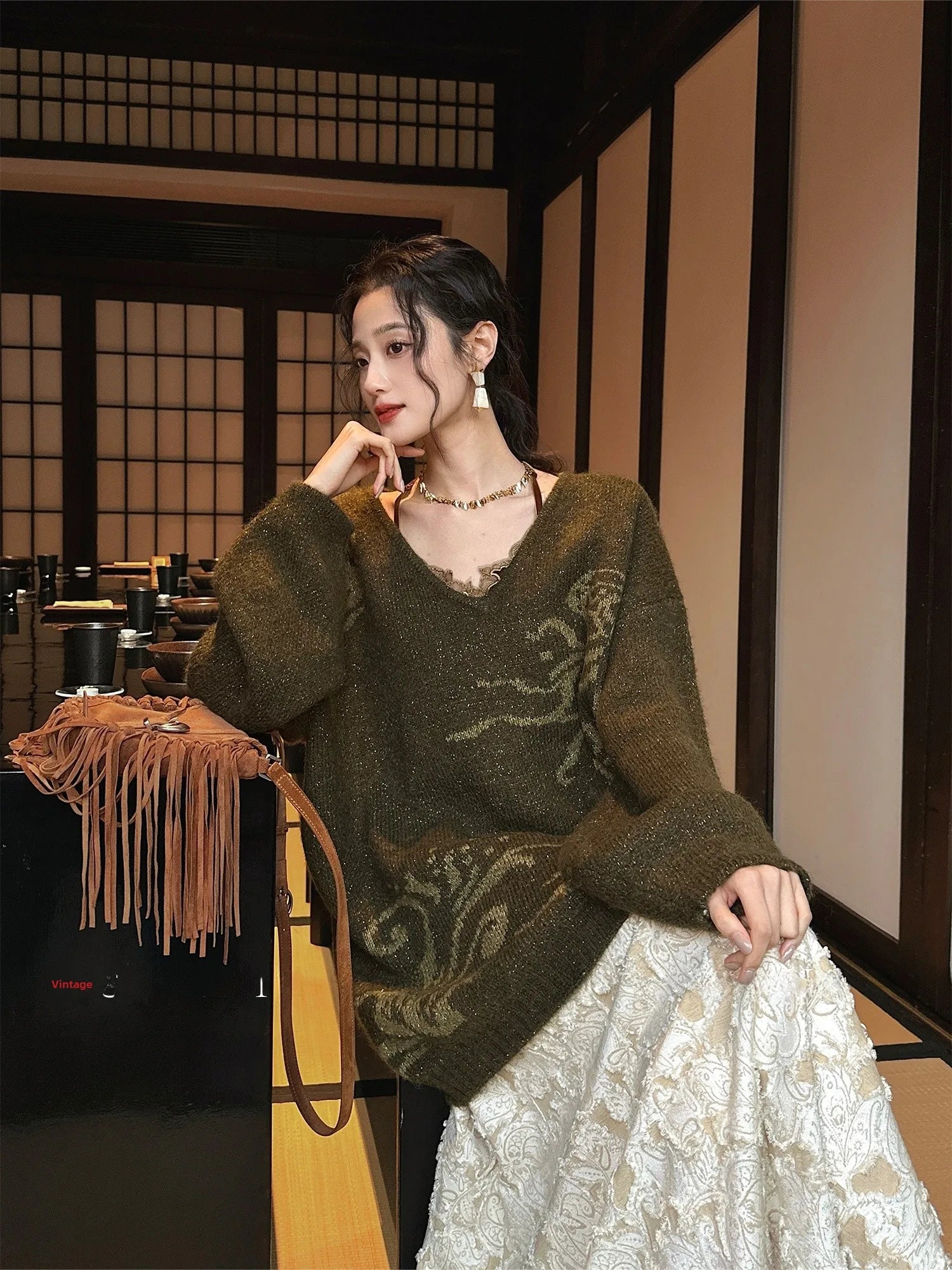 Sanji Bla Flower New Chinese Sle Gold Tead Alpaca Yarn V-ne Sweater Women's Winter Top Warmth Feat Long Sve Crew Ne