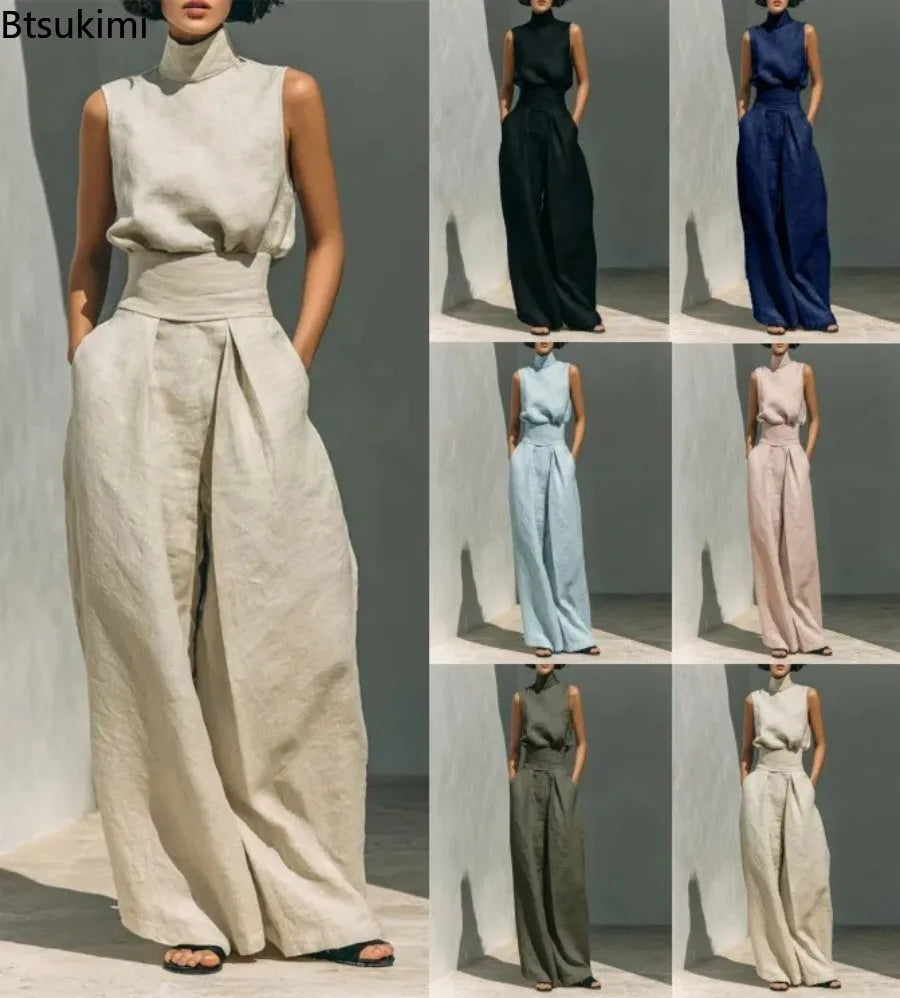 New Women's Solid Color 2 Piece Sets Sleeveless High Neck Tops+High Waist Wide Leg Pants Casual Minimalist Female Summer Outfits
