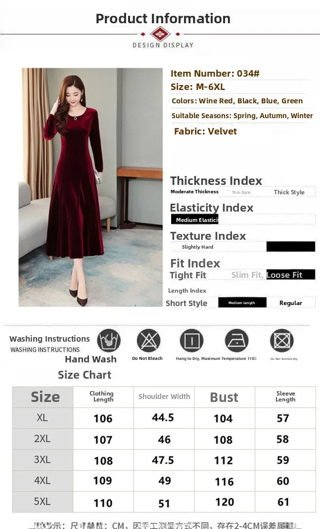 Elegant Long Velvet Dress Women's Autumn Winter New Style Knee-Length A-Line Skirt Polyester Fabric Regular Sleeve round Neck