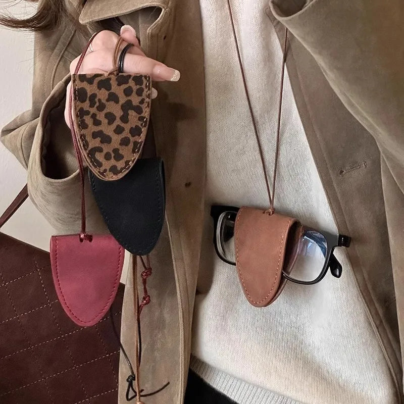 Leopard Print Eyeglasses Storage Bag Durable Hanging Neck Clip Easy Access Protection Simple Pendant Design
