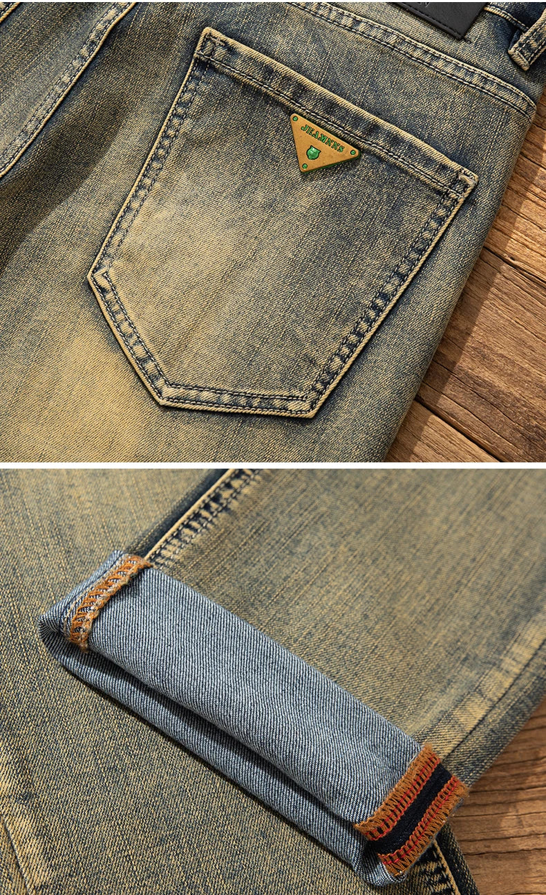 2026 European Trendy Brand Yellow Mud Jeans Men's Retro Old Slim Fit Fashion Long Pants Autumn and Winter Thick Pants