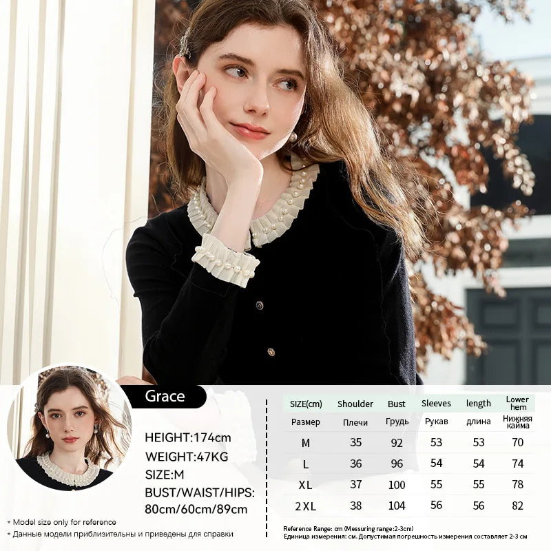 I BELIEVE YOU Women Black Cardigan 2025 Autumn French Beaded Sweater Commuting Round Neck Long-Sleeve Knit Cardigan 2254146099