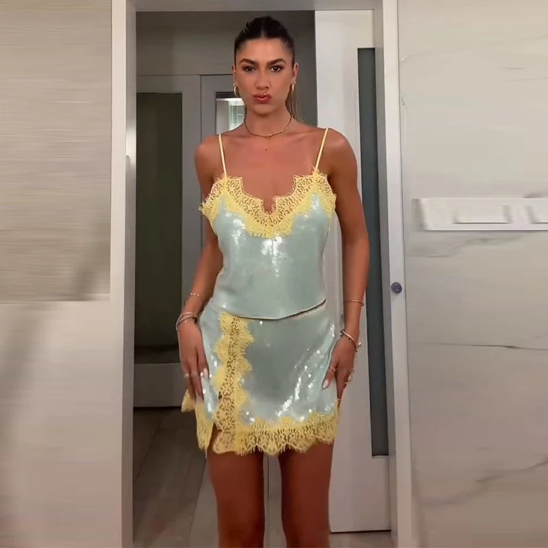 Sexy Sequin Sling Mini Dress Women Backless Lace Patcheork Straight Shiny Vestidos Female 2026 Summer New Chic Party Dresses