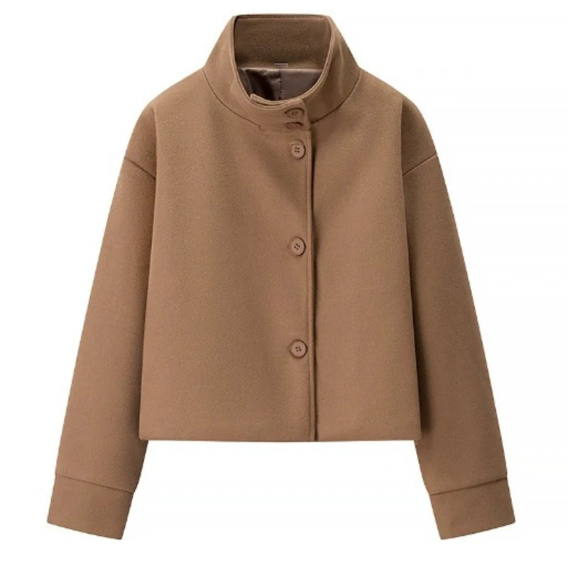 Autumn Stand Collar Jackets for Women Loose Woolen Fabric Single-breasted Coat Women Solid Color Versatile Short Jacket Women