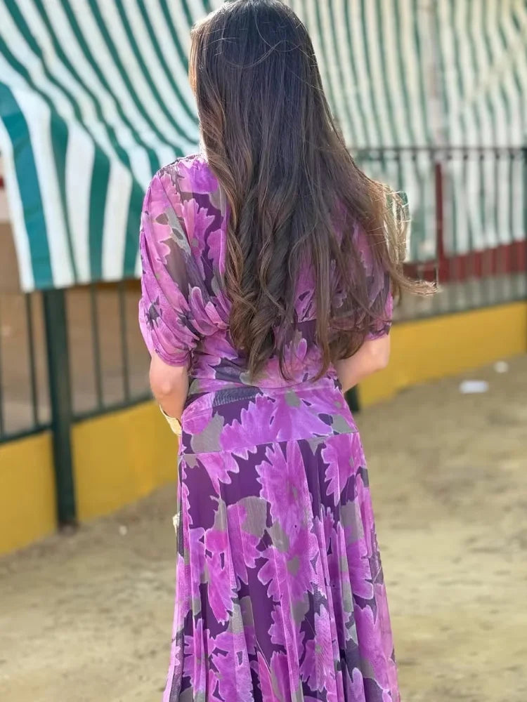Women Solid Deep V-neck Mesh Long Dress Elegant Puff Short Sleeve Ruched Waist High Vestidos 2026 Summer Lady Casual Street Robe