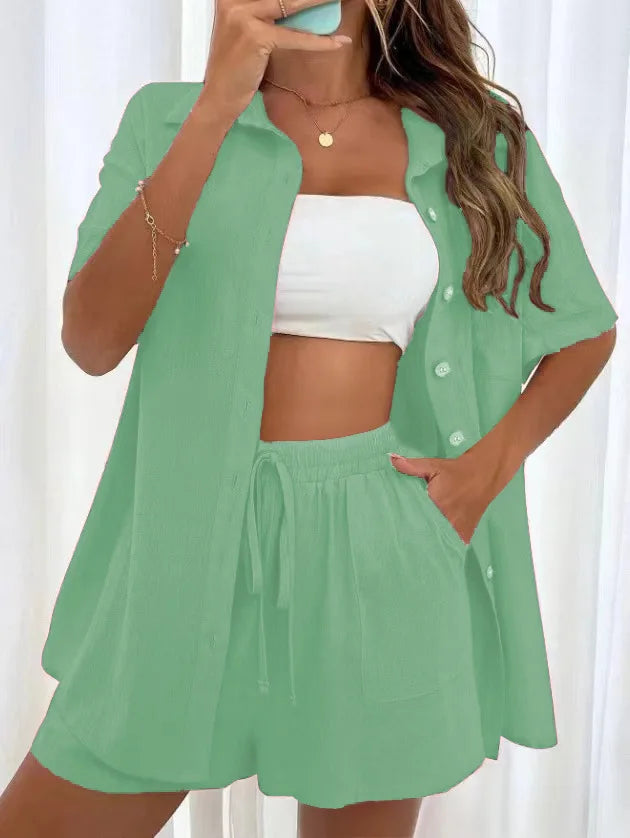 Solid Color Casual Fashion Loose Short Pants Sets For Women Elegant Summer Women's Long Sleeve Single breasted Two Pieces