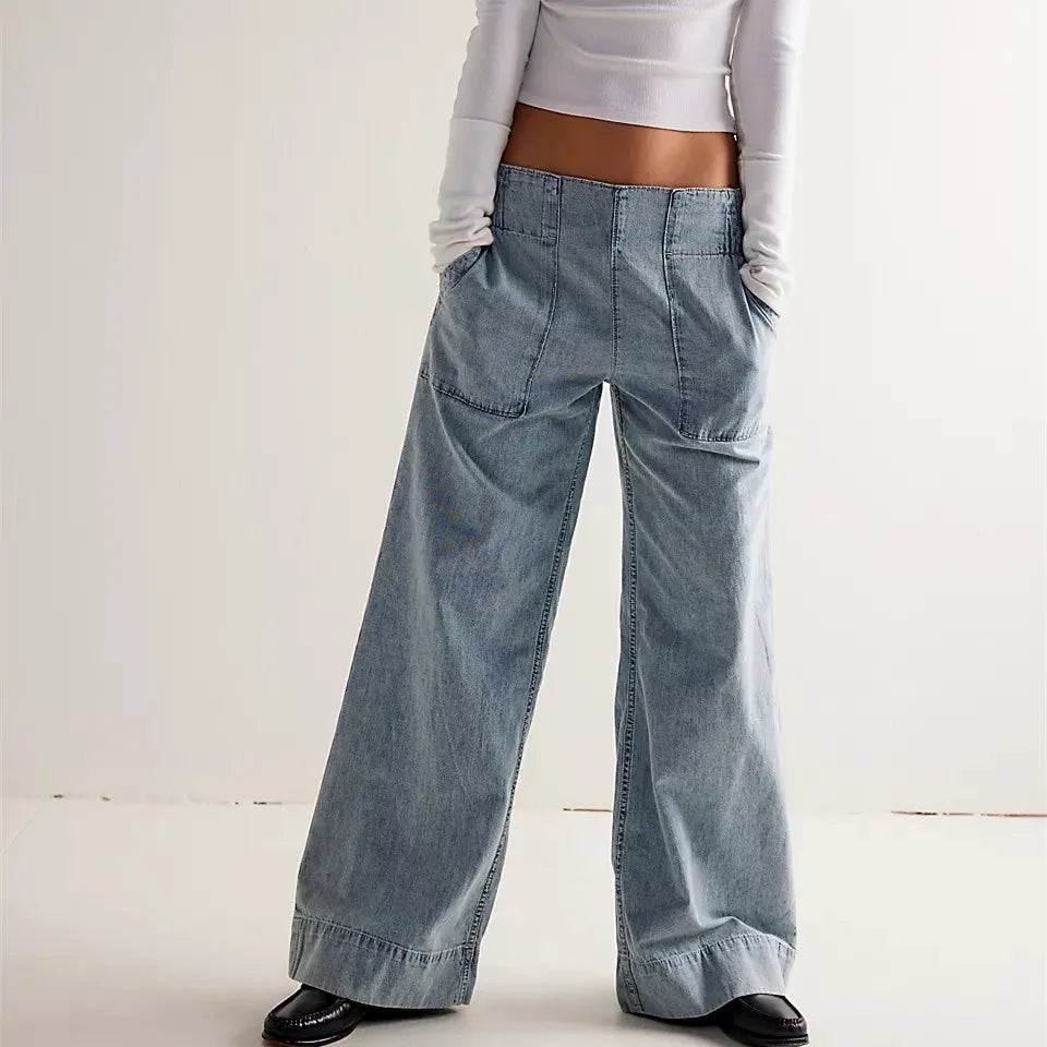 Womens Denim Pull-On Jeans Pockets High Waisted Baggy Straight Leg Stretchy Full Length Trousers Y2K Streetwear