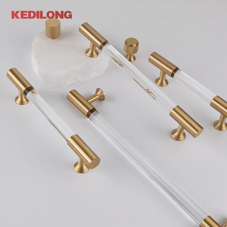 KEDLO European style modern brass acrylic Pull handle kitchen cabinet modern minimalist drawer transparent handle