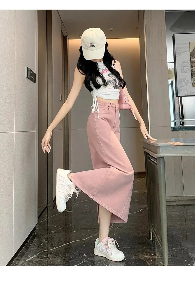 New Summer Women's 100% Cotton Denim Shorts Pink High-waisted Slit Retro Elegant Fashionable Casual Denim Long Skirt Female