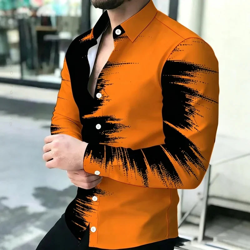 2026 New Men's Shirt Personalized Printed Long Sleeve Shirt Black Brown Contrasting Design Sense Shirt Street Trendy Men's Wear