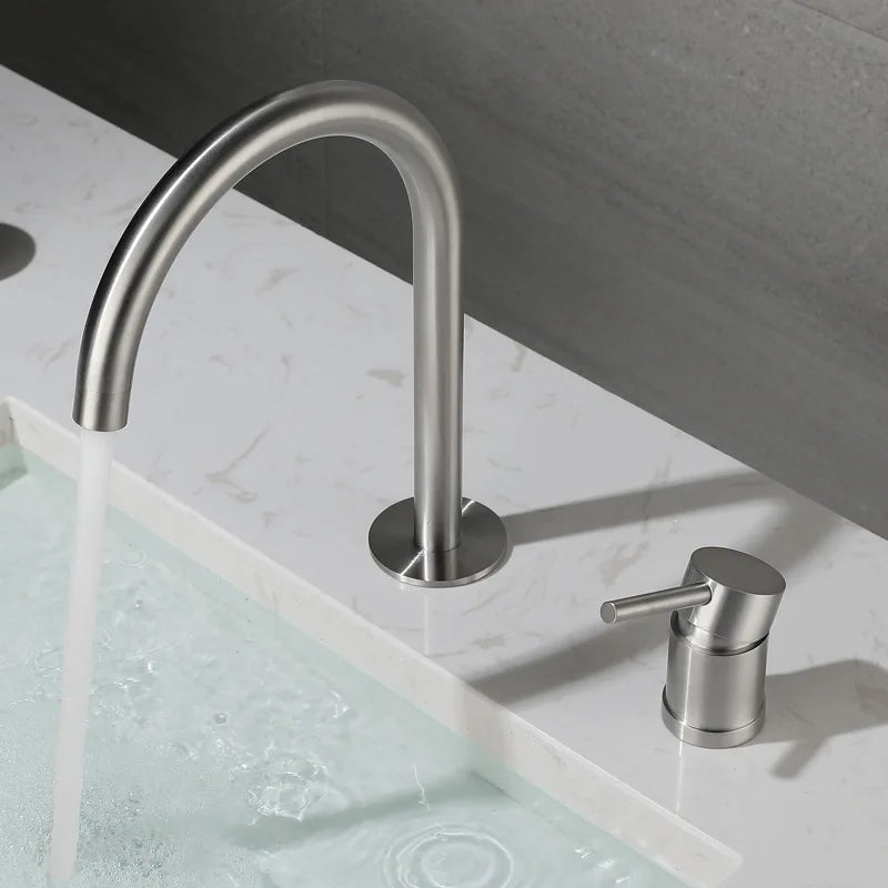 304 Stainless Steel Widespread Bathroom Basin Faucet Hot and Cold Mixed Water Wash Basin Faucet Deck Mounted Nickel /Black
