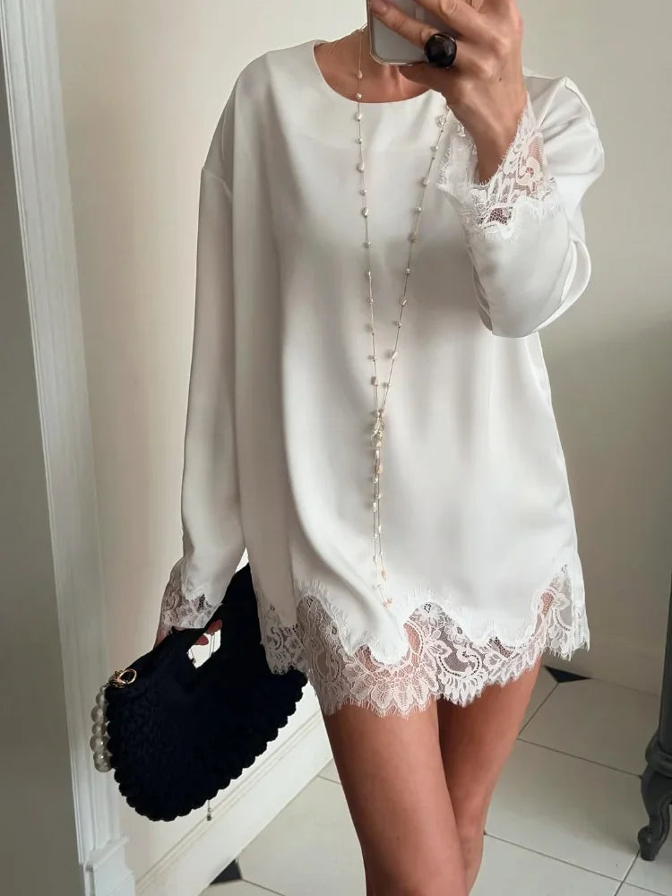 Satin Lace Patchwork Dress Women Long Sleeve O-neck Casual 2026 Spring Female Dresses Casual Solid Beach Robe not contain pearls