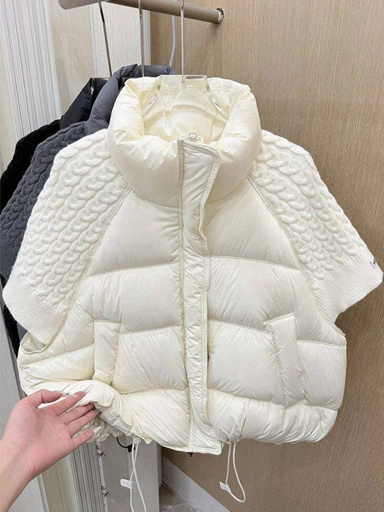Janveny 2026 New Winter Turtleneck White Duck Down Vest Women Patchwork Knitted Warm Drawstring Short Soft Puffer Down Waistcoat