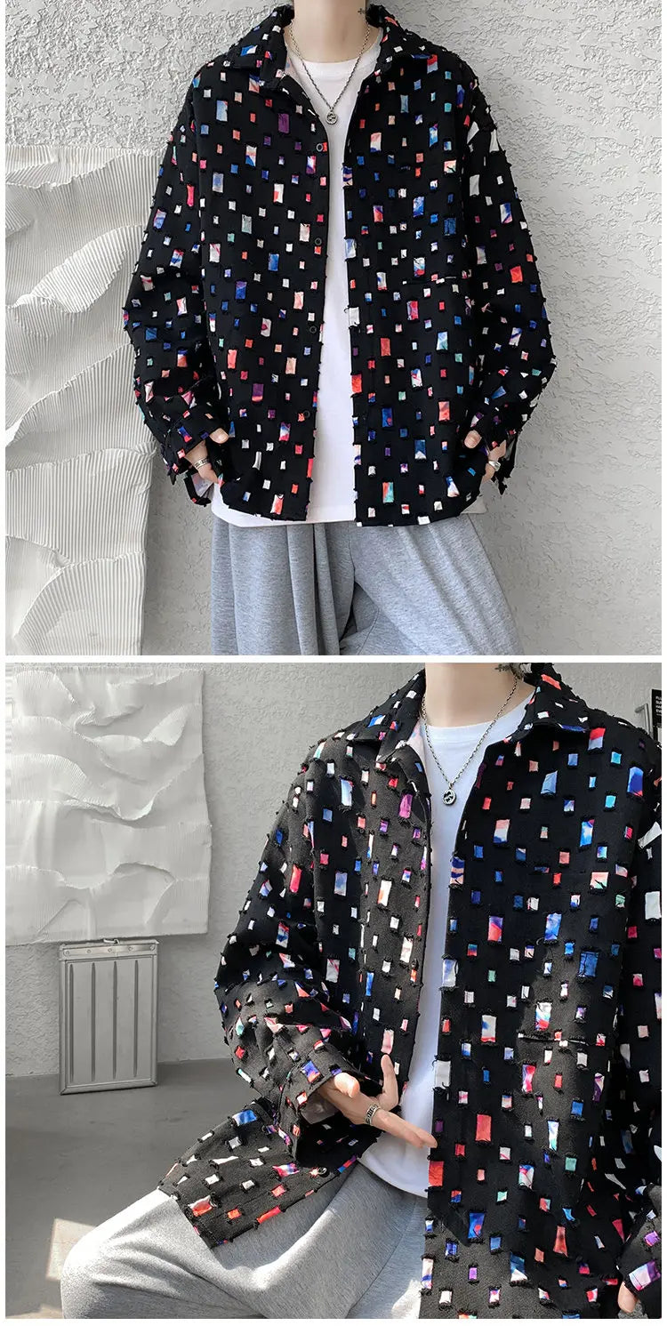 Cotton Hollow Out Shirt Men Oversized Colorful Plaid Shirt Men Streetwear Loose Long Sleeve Shirt Mens Hole Patch Shirts M-3XL