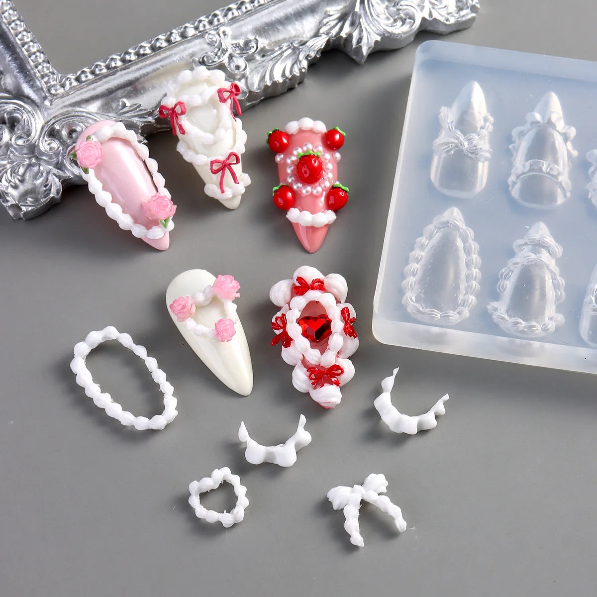 Lace Bowknot Nail Art Mold, French Manicure Silicone Stencil for DIY Nail Decoration, Nail Design Tool, Nail Printing Template