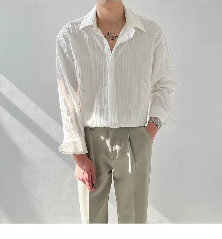 Black Apricot White Long-sleeved Shirt Men Fashion Social Mens Dress Shirt Korean Loose Casual Pleated Shirts Mens Formal Shirt