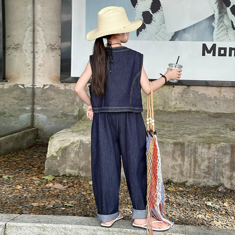 Summer teen Girls Denim Set 2024 Child Sleeveless Cowboy vest+Wide leg pants Two Piece junior kid jeans suit child outfits 10 12