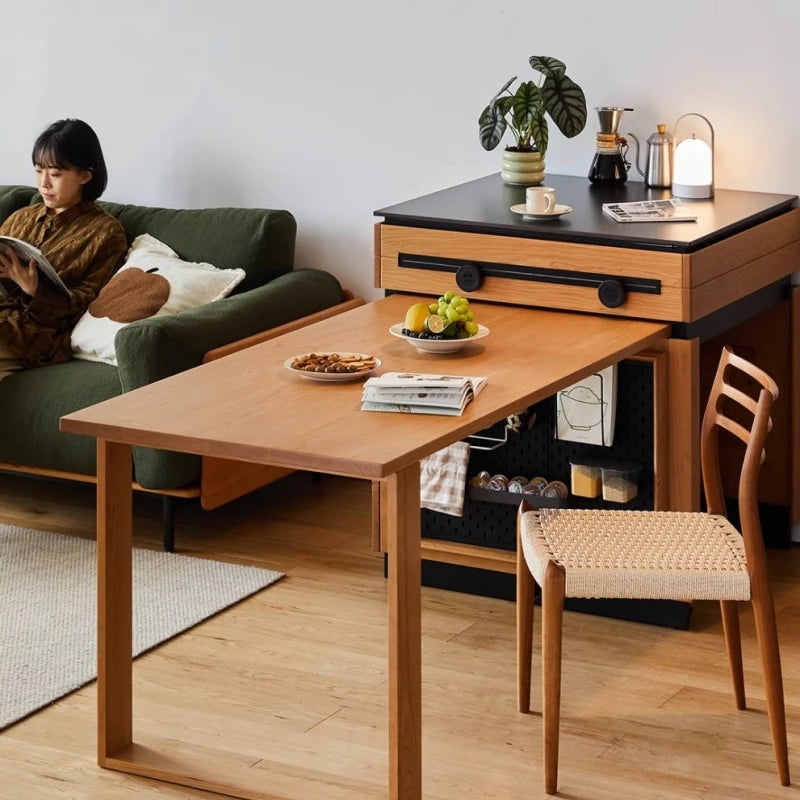 Solid wood island table retractable small apartment open integrated bar cabinet rock locker
