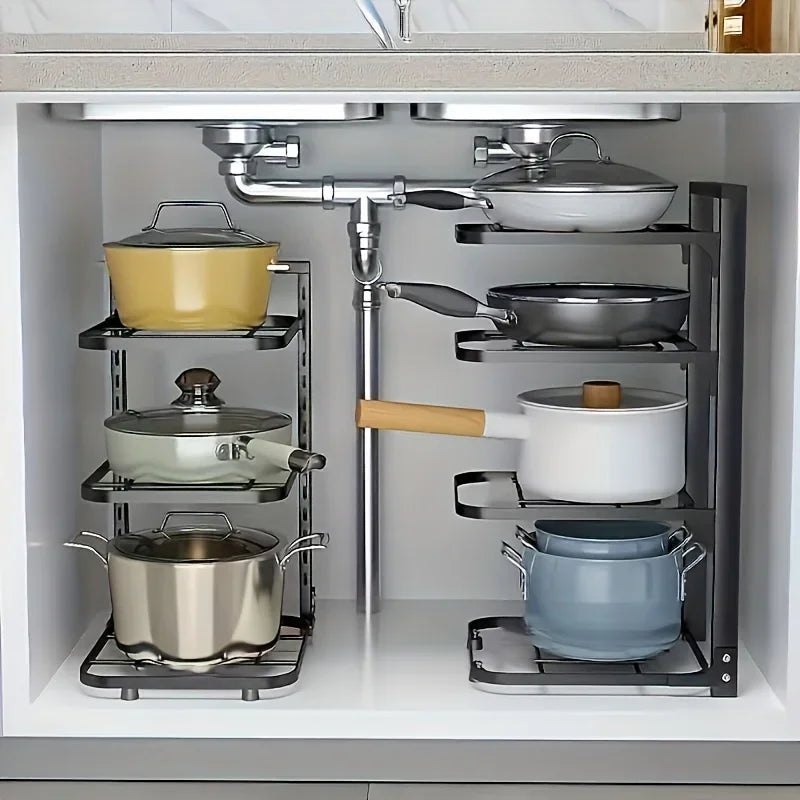 Adjustable Pot Rack Organizer, Kitchen Carbon Steel Pot Storage Rack, Multi-Layer Household Pot and Pan Organizer for Cabinet Un