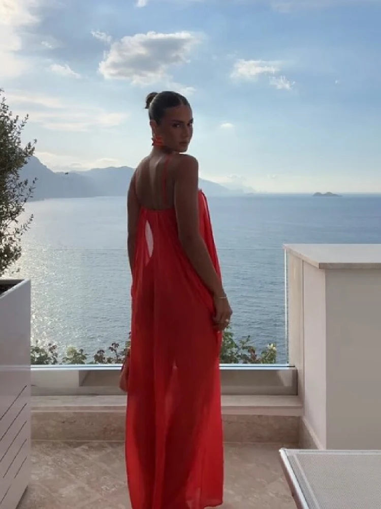 Vibrant Holiday Flowy Maxi Dress Deep U Chic Bohemian Chiffon Loose Fit Women Dresses Beach Vacation Summer Party Outfit