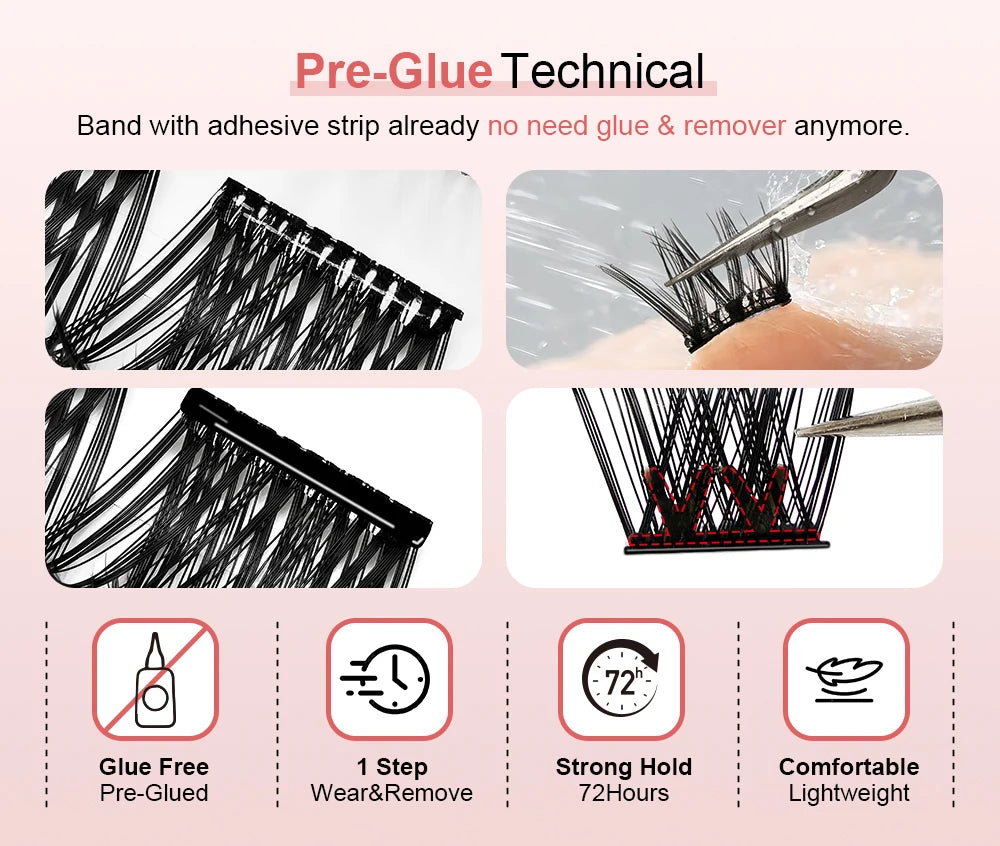 Press On Lash Clusters Self Adhesive Eyelashes Pre-Glued Cluster Lashes Self Stick Eyelash Clusters Pre-Bond DIY Lash Reusable