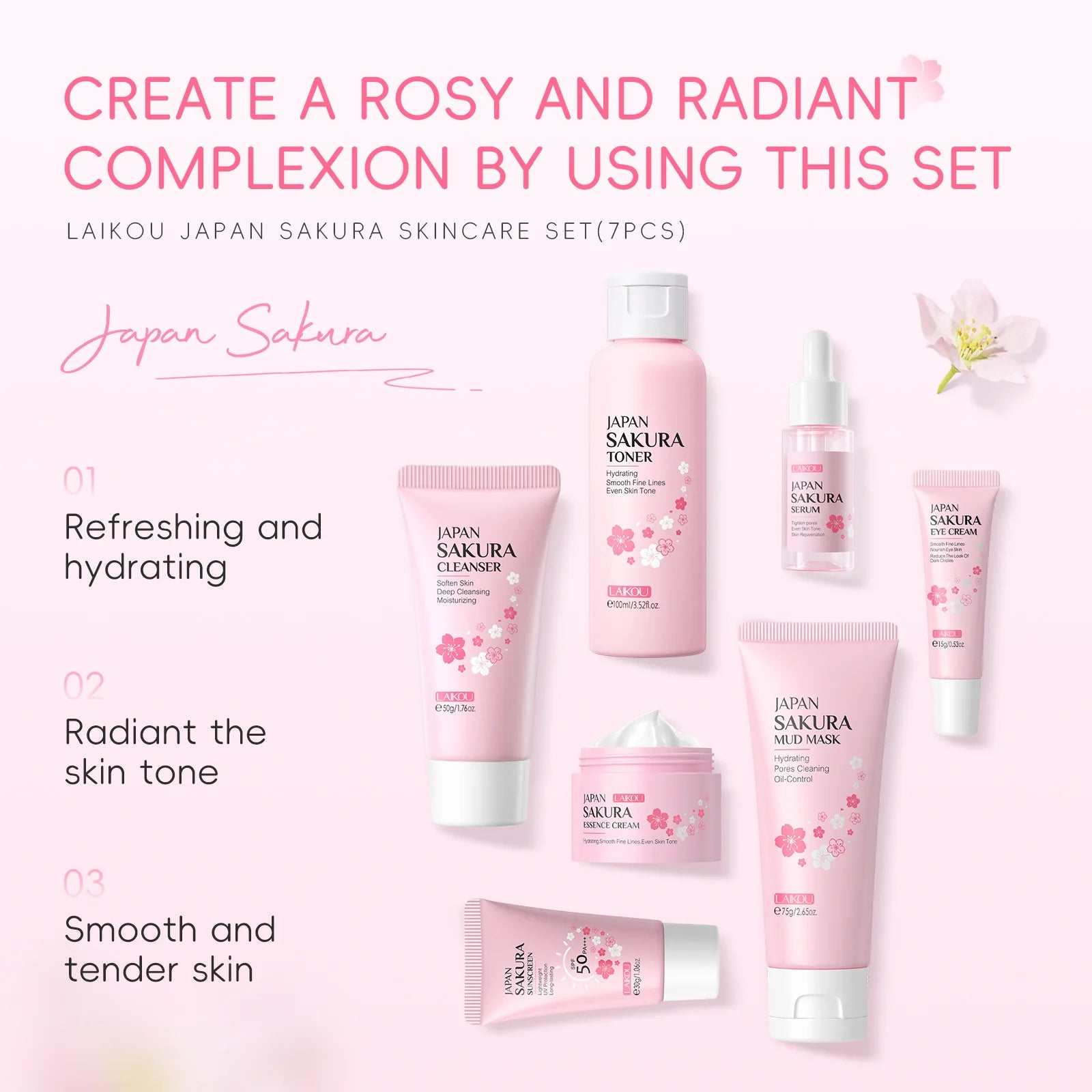 Korean Sakura Skincare Set Hydration Moisturize Cleanse Pores Sunscreen Protection Cosmetic Beauty