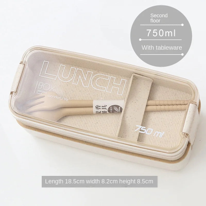 Wheat Straw Lunch Box ，Stackable Bento Box Microwave Dinnerware Food Storage Container with Spoon Fork For Student Work，2 Layer
