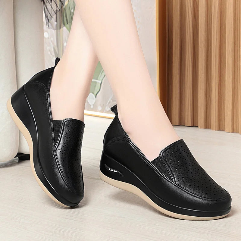 2024 Spring Soft Leather Thick Bottom Women Shoes Wedges Cutout Breathable Sneakers Platform Lightweight Mom Loafers