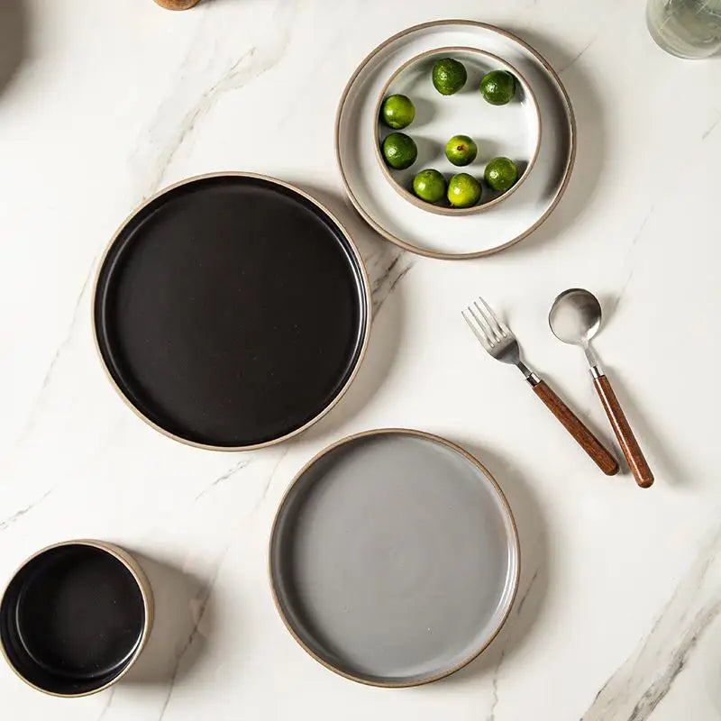 Retro Japanese Style Ceramic Bowl Set for Home Use round Shape Dinnerware Tray Dumpling Soup Noodle Bowl Matte Finish Utensils
