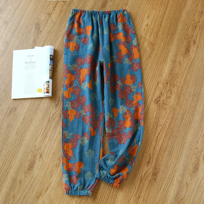 2026 New Spring Summer Women's Pajamas 100% Cotton Crepe Pants Women's Comfortable Loose Large Leaf Home Pants Thin bottoms