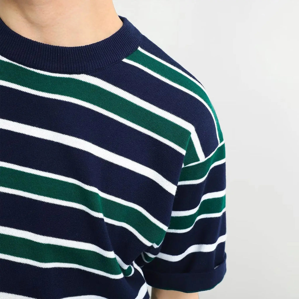 Retro American Casual Short-sleeved T-shirt for Men Round Neck Short-sleeved T-shirt Base Shirt for Summer New Stripes for Men