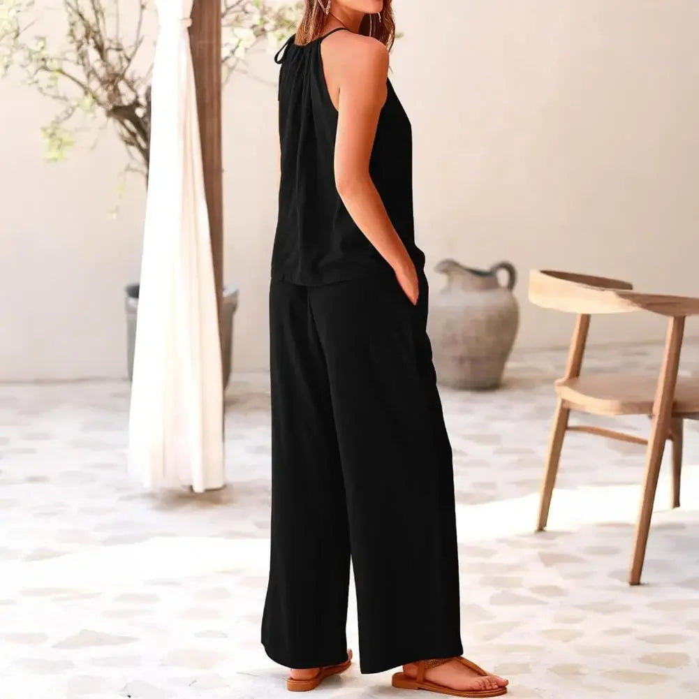 Summer Fashion Retro 2 Piece Set for Women Casual Solid Color Sleeveless Off Shoulder V Neck Top Straight Wide Leg Pants Suits